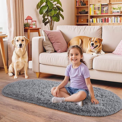 Pionblank Fluffy Oval Area Rug for Bedroom 3.3x6.2 Feet, Cute Plush Throw Rugs for Bedside, Ultra Soft Shag Carpet for Living Room Kids Room Nursery Teens Dorm Home Decor, Grey
