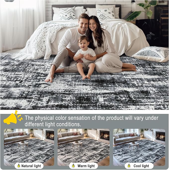 6x9 Area Rugs for Living Room - Washable Rug Modern Abstract Soft Large Neutral Non-Slip Carpet Indoor Floor Thin Carpets for Bedroom Dining Room Farmhouse Nursery Home Office Black
