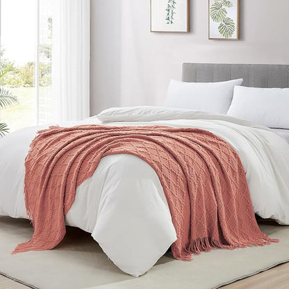 BOURINA Coral Pink Throw Blanket 50 x70 Inches Jacquard Argyle Throw Textured Solid Soft Throws and Blankets for Sofa or Bed Knitted Decorative Blanket