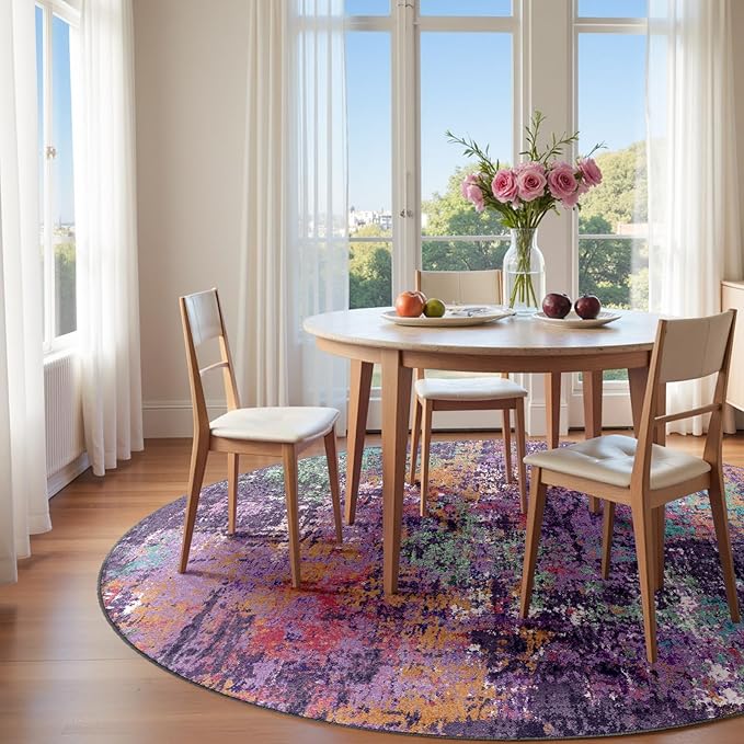 Washable Area Rugs 8ft Non-Slip Modern Abstract Soft for Living Room Entryway Bedroom Nursery, Print Pattern, Purple Orange Blue Green Rust Red Colorful