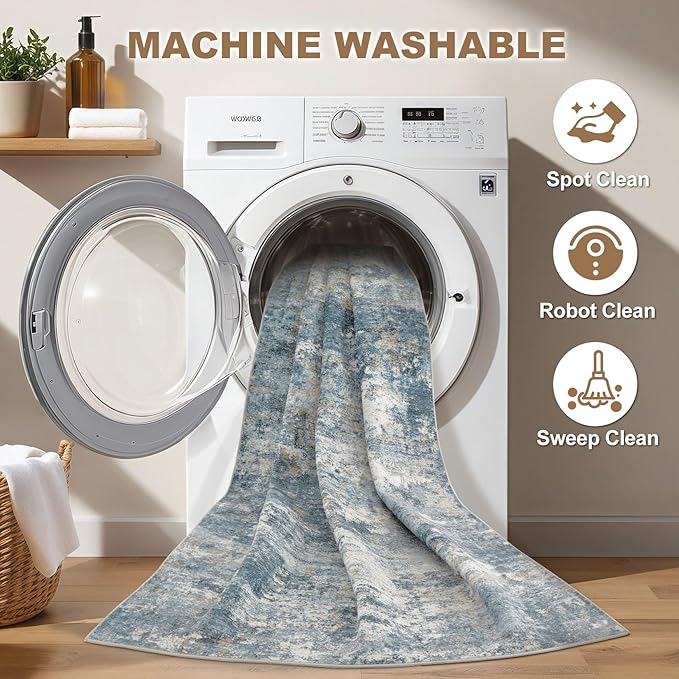 Nakagishi 10x12 Area Rugs Living Room: Washable Abstract Large Neutral Soft Rug Stain Resistant Modern Indoor Floor Non-Slip Carpet for Bedroom Nursery Kids Playroom Office Dining Room Dorm-Blue Brown