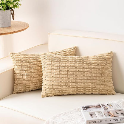 Pack of 2 Corduroy Decorative Throw Pillow Covers 12x24 Inch Soft Striped Pillow Covers Modern Farmhouse Home Decor for Sofa Living Room Couch Bed（Beige）