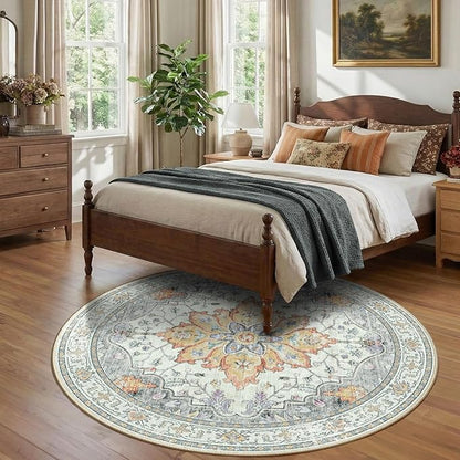 Area Rugs 7ft Washable Non-Slip, Floral Vintage Distress Print Pattern Medallion Carpet for Living Room Bedroom Dining Room, Light Yellow Carbon Grey Orange