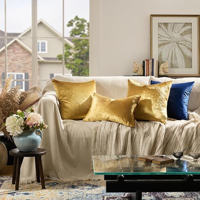 GIGIZAZA Gold Velvet Pillow Covers 16x16, Set of 2 Couch Throw Decorative Pillow Covers Soft Modern Living Room Square Cushion Fall Pillowcases