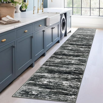 KOZYFLY Modern Abstract Runners for Hallways 2x12 Washable Rug Runner Non-Slip Soft Striped Kitchen Runner Rug, Black Grey Print Carpet Runner for Entryway Bathroom Laundry Room Foyer
