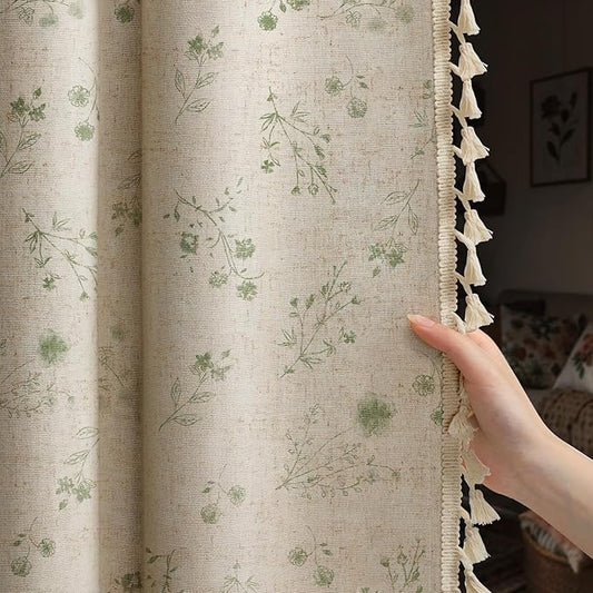 Boho Floral Spring 100% Blackout Curtains 84 Inch Length 2 Panels Set, Linen Texture Farmhouse Curtains with Beige Tassel for Living Room Bedroom, Vintage Rustic Rod Pocket,Green