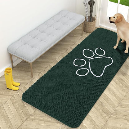 OLANLY Dog Door Mat for Muddy Paws 59x24, Paw Print Design, Absorbs Moisture and Dirt, Absorbent Non-Slip Washable Doormat, Quick Dry Chenille Mud Mat, Entry Indoor Entryway Carpet, Blackish Green