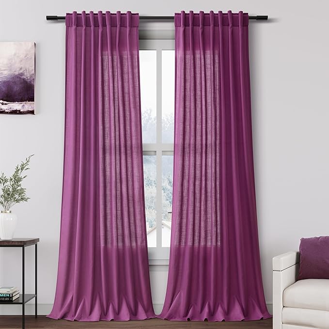 Nanspring Grape Purple Linen Curtains 96 Inch Long 2 Panels Set for Bedroom Living Room Linen Textured Window Drapes Semi Sheer Light Filtering Rod Pocket Back Tab Modern Farmhouse Curtain 52x96