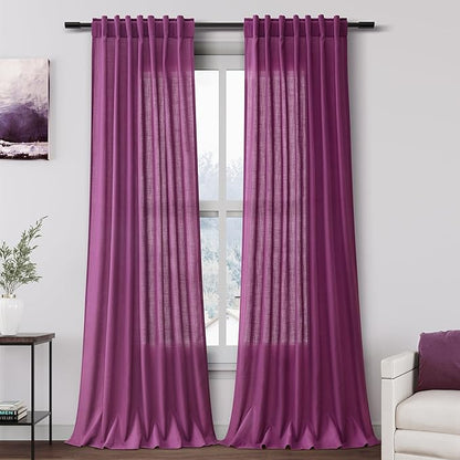 Nanspring Grape Purple Linen Curtains 96 Inch Long 2 Panels Set for Bedroom Living Room Linen Textured Window Drapes Semi Sheer Light Filtering Rod Pocket Back Tab Modern Farmhouse Curtain 52x96