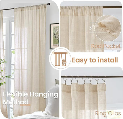 BGment Natural Linen Curtains 48 Inch Length for Windows, Short Semi Sheer Drapes Light Filtering for Cafe Bathroom Decor Rustic Lightweight Rod Pocket, 2 Panels Set, 42 Inch Wide Each Panel