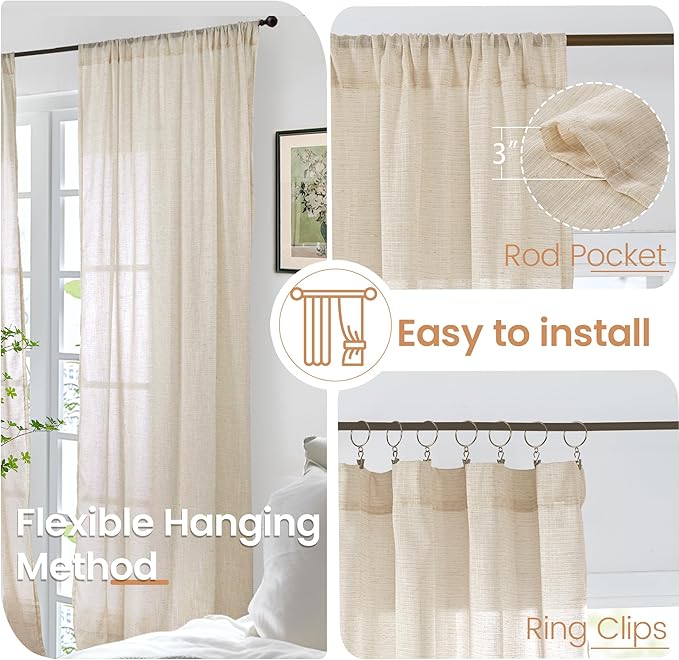 BGment 63 Inches Long Burlap Linen Semi Sheer Curtains for Living Room - Natural Tan Drapes Rod Pcoket Light Filtering Window Treatments for Farmhouse Bedroom Lightweight, 2 Panels Set, 52 X 63 Inch