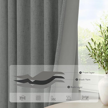 Gray Blackout Curtains 96 Inches Long 2 Panel Burg Linen Textured Charcoal Dark Grey Room Darkening Curtains for Bedroom Office Insulated Thermal Curtains for Summer Heat Light Blocking Divider Drapes