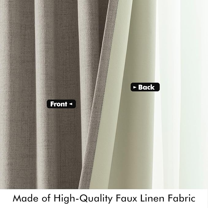 MIULEE 100% Blackout Linen Curtains for Bedroom, Greige Solid Luxury Decor Thermal Insulation Room Darkening Drapes for Living Room Nursery Back Tab Rod Pocket 42 x 90 Inches, 2 Panels