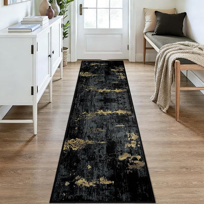 Washable Area Rugs 2x9 Non-Slip Modern Abstract Soft for Living Room Entryway Bedroom Nursery, Print Pattern, Dark Black Gold