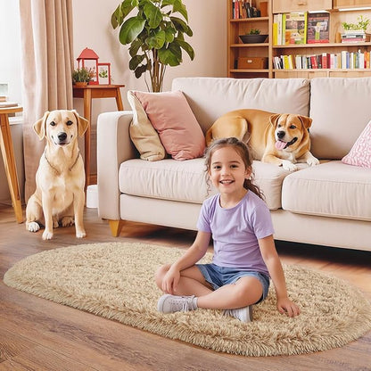 Pionblank Fluffy Area Rug for Bedroom 3.3'x6.2', Shag Oval Rug for Bedside, Ultra Soft Cute Plush Carpet for Living Room Kids Girls Boys Room Nursery Teens Dorm Home Decor, Camel
