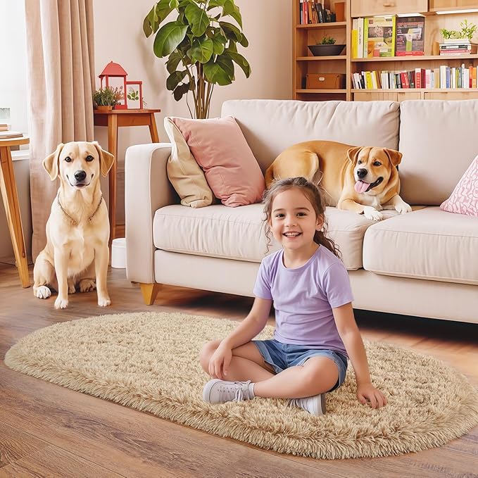 Pionblank Fluffy Area Rug for Bedroom 2.6'x5.3', Shag Oval Rug for Bedside, Ultra Soft Cute Plush Carpet for Living Room Kids Girls Boys Room Nursery Teens Dorm Home Decor, Camel