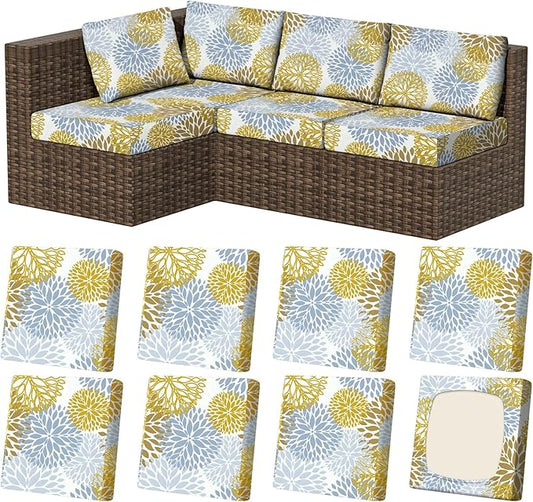 8Pcs Stretch Patio Cushion Covers, Outdoor Couch & Sofa Replacement Slipcovers for Patio Furniture Cushion Covers, Washable Reusable Furniture Protector