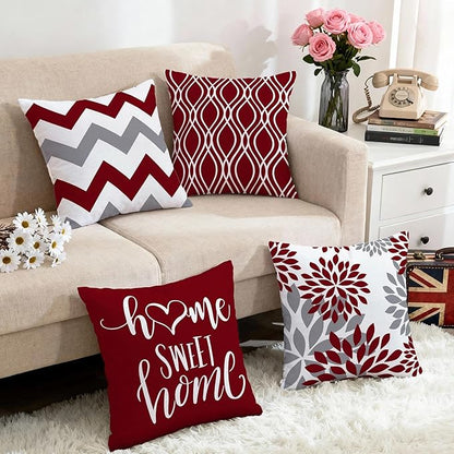 Hexagram Geometric Burgundy Pillow Covers 18x18 Set of 4, Decorative Outdoor Boho Modern Throw Pillow Covers, Home Sweet Home Farmhouse Cushion Case for Couch Sofa Bedroom Indoor Decor(No Insert)