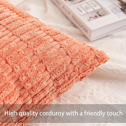 Pack of 2 Corduroy Decorative Throw Pillow Covers 18x18 InchSoft Boho Striped Pillow Covers Modern Farmhouse Home Decor for Sofa Living Room Couch Bed（Orange）