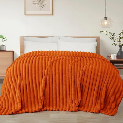 Exclusivo Mezcla California King Size Flannel Fleece Blanket, Super Soft Striped Jacquard Bed Oversized Blanket, Lightweight Fuzzy Cozy for All Seasons, 120x120 Inches, Burnt Orange