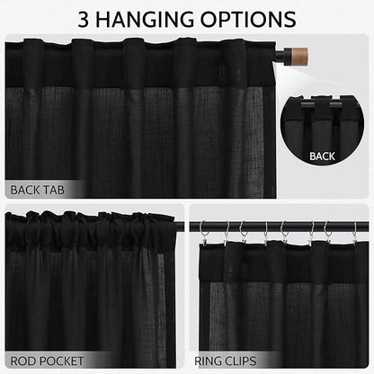 Vintage Black Linen Curtains 63 Inch Length for Living Room Light Filtering Semi Sheer Curtain Back Tab and Rod Pocket Privacy Luxury Gothic Vintage Decor Drapes for Bedroom Office 52x63, 2 Panels