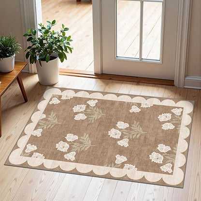 Front Door Mat Outside Entrance - 2x3 Floral Non-Slip Washable Doormat Indoor Outdoor Mat Tan Neutral Farmhouse Scalloped Entry Rug Small Throw Rugs for Entryway Kitchen Front Porch Decor