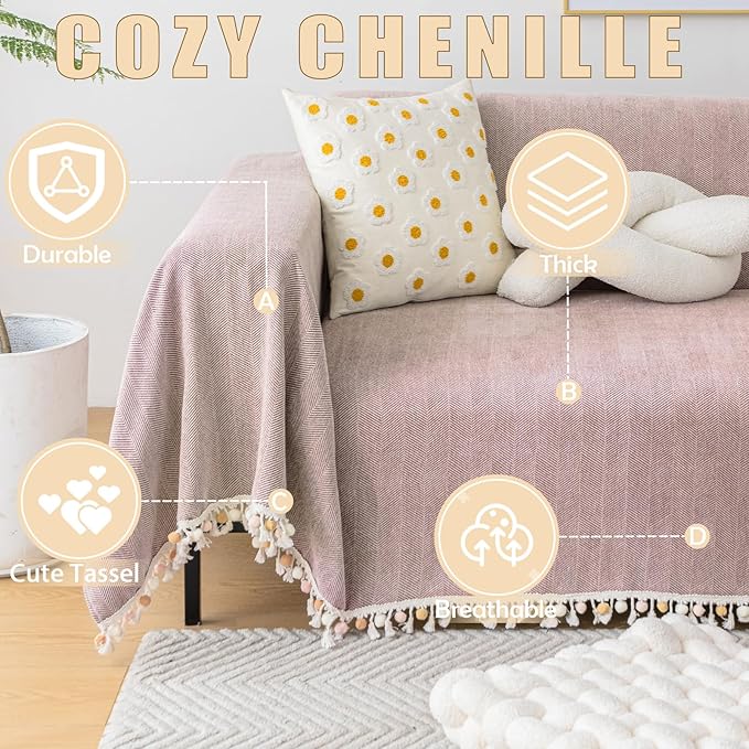 HANDONTIME Soild Couch Covers for Dogs Pink-Purple Sofa Covers Boho Cover for Sofa 3 Seats Chenille Sofa Throw Cover Mauve Sofa Covers for 3 Cushion Couch Tassel, Washable, Pet Friendly, 91" X134"