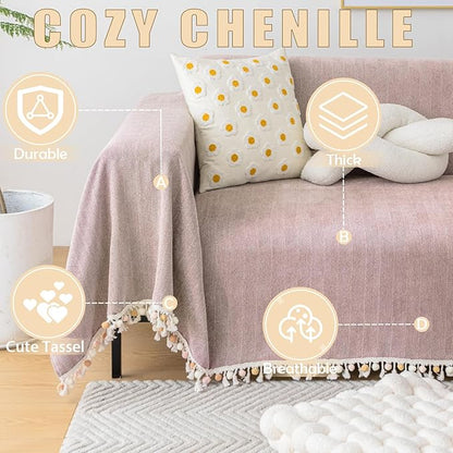 HANDONTIME Soild Couch Covers for Dogs Pink-Purple Sofa Covers Boho Cover for Sofa 3 Seats Chenille Sofa Throw Cover Mauve Sofa Covers for 3 Cushion Couch Tassel, Washable, Pet Friendly, 71" X118"