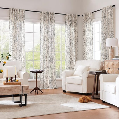 jinchan Linen Blend Curtain Floral Curtains for Living Room 102 Inch Length Black Printed Curtain Rod Pocket Back Tab Farmhouse Peony Flower Patterned Drapes Bedroom Window Curtains Set 2 Panels