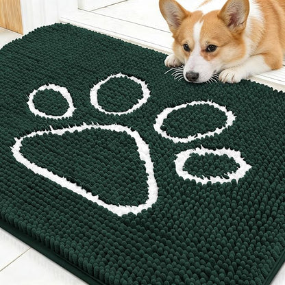 OLANLY Dog Door Mat for Muddy Paws 30x20, Paw Print Design, Absorbs Moisture and Dirt, Absorbent Non-Slip Washable Doormat, Quick Dry Chenille Mud Mat, Entry Indoor Entryway Carpet, Blackish Green