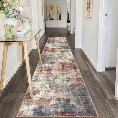 IOHOUZE Abstract Runner Rug 2x10 Ft Washable Runners for Hallways, Non Slip Kitchen Runner Printed Faux Wool Entryway Runner Indoor, Modern Abstract Floor Carpet for Hall Kitchen, Red/Multi