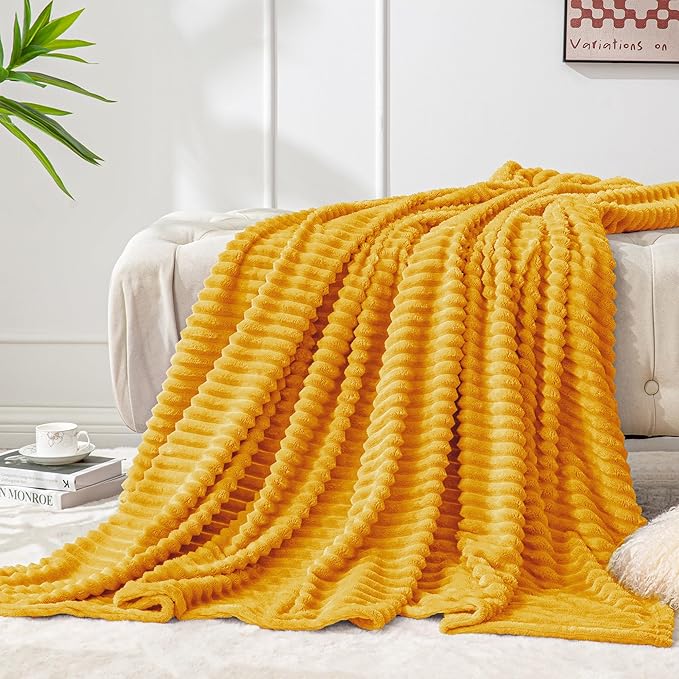 BEDELITE Fleece Blanket Twin Size – 3D Ribbed Jacquard Soft and Warm Decorative Fuzzy Blankets – Cozy, Fluffy, Plush Lightweight Throw Blankets for Couch, Bed, Sofa(Mustard Yellow, 60x80 inches)