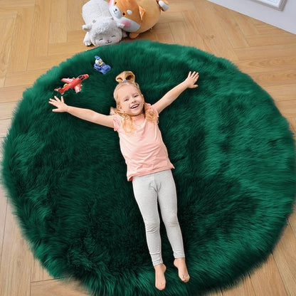 duduta Emerald Green Faux Sheepskin Round Rug 4x4 ft, Fluffy Shag Fur Bedroom Nursery Kids Playroom Circle Rug Dorm Decor Non Slip Washable