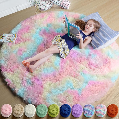 Amdrebio Rainbow Fluffy Round Rug 7Ft Kids Rugs for Girls Bedroom, Unicorn Room Decor, Colorful Pastel Big Large Carpet for Baby Nursery Playroom, Cute Shaggy Kawaii Circle Area Rug for Teen Princess