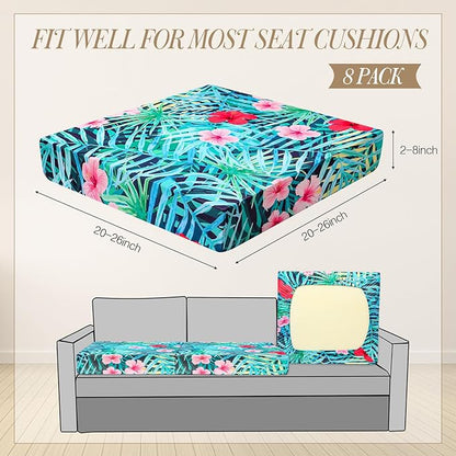 Newwiee 8Pcs Patio Cushion Covers Stretch Outdoor Cushion Cover Replacement for Patio Furniture Sofa Couch Slipcovers, Soft Flexibility Washable Furniture Protector(Fresh Floral,Fresh Color)