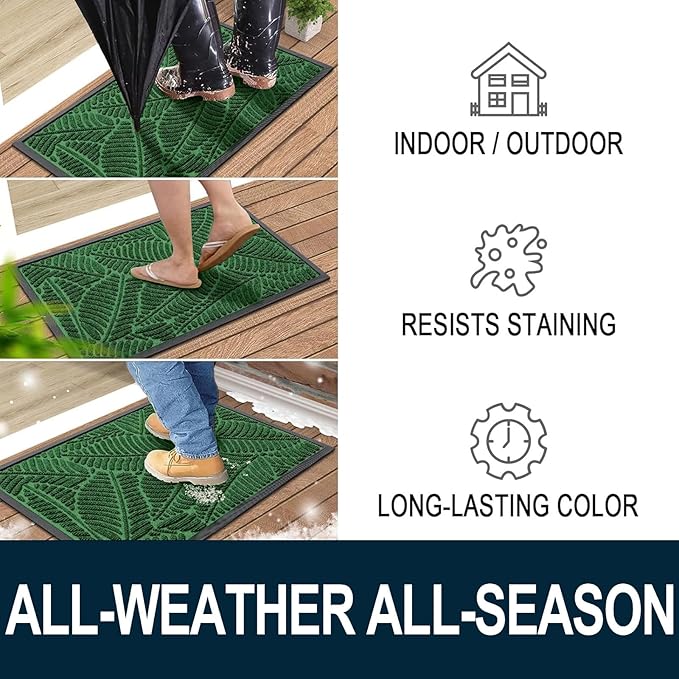 Colorxy Waterproof Doormat, Sturdy Natural Rubber Front Indoor Mat, Non Slip Low Profile Indoor Outdoor Door Mats, Stain and Fade Resistant Floor Mat, Easy Clean Patio Entrance Mat, 47''x24'', Green