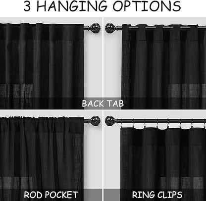 Nanspring Extra Wide Linen Curtains for Living Room 108 Inch Length for Room Divider Black Rustic Farmhouse Drape Rod Pocket Back Tab Light Filtering Bedroom Window Curtain for Sliding Door 100x108