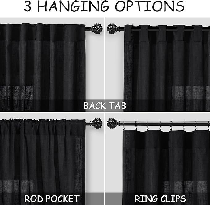 Nanspring Extra Long Black Curtain 102 inches Long 2 Panels Set for Living Room Back Tab Modern Farmhouse Muslin Look Decor Cotton Textured Sheer Linen Curtains 102 inch Length for Large Window