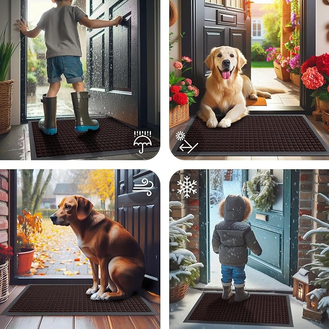 Smiry Front Door Mat Outside Entrance, Heavy Duty Natural Rubber Doormat, Non Slip, Trap Dirt and Moisture, Easy Clean, Low Profile Welcome Floor Mats for Indoor Outdoor Entry, 35x23 Inch, Brown
