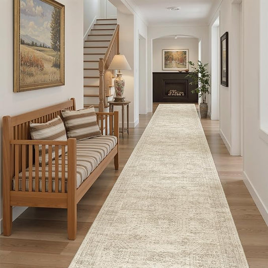 Soalmost Runner Rug 2'6" x 14' Washable Non-Slip Runner Rugs for Kitchen Bathroom Laundry Room Vintage Ultra Thin Runners for Hallway Entryway Beige