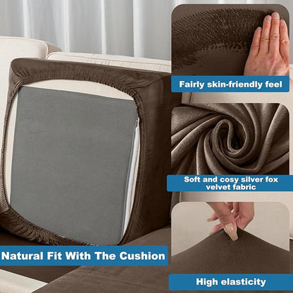Couch Cover Velvet Chaise Cushion Cover for Sectional Sofas - Elastic L-Shaped Sofa Seat Covers Washable, Slipcover Protector (1-Piece, Coffee)