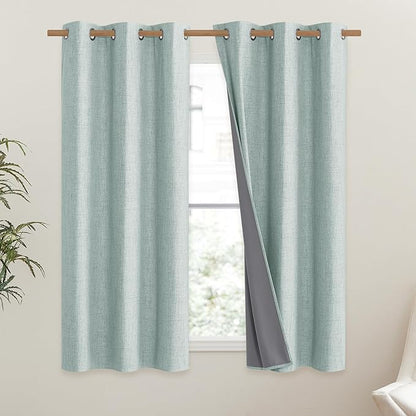 NICETOWN 100% Absolutely Blackout Linen Curtains with Thermal Insulated Liner, Seafoam Green, 42" Wide, 54" Length Energy Saving Curtains for Dining Room 2 Panels Set, Vertical Blinds