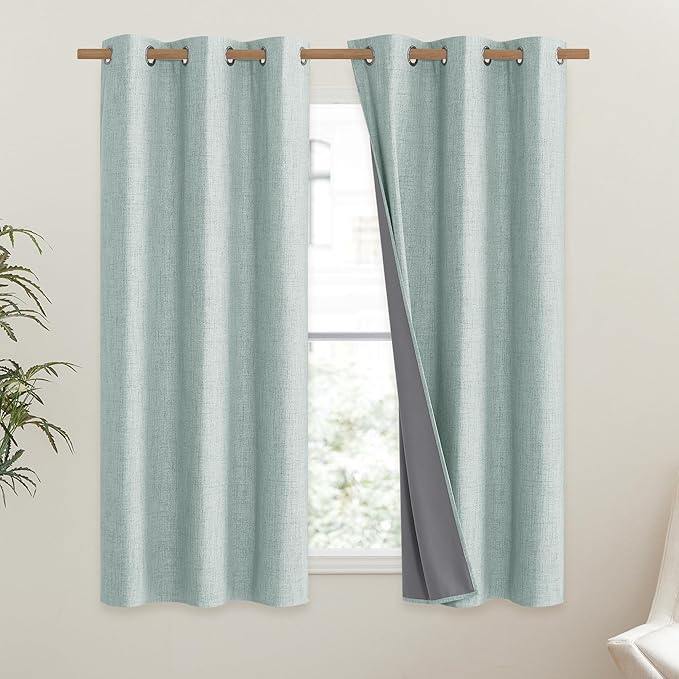 NICETOWN 100% Absolutely Blackout Linen Curtains with Thermal Insulated Liner, Seafoam Green, 42" Wide, 45" Length Energy Saving Curtains for Dining Room 2 Panels Set, Vertical Blinds