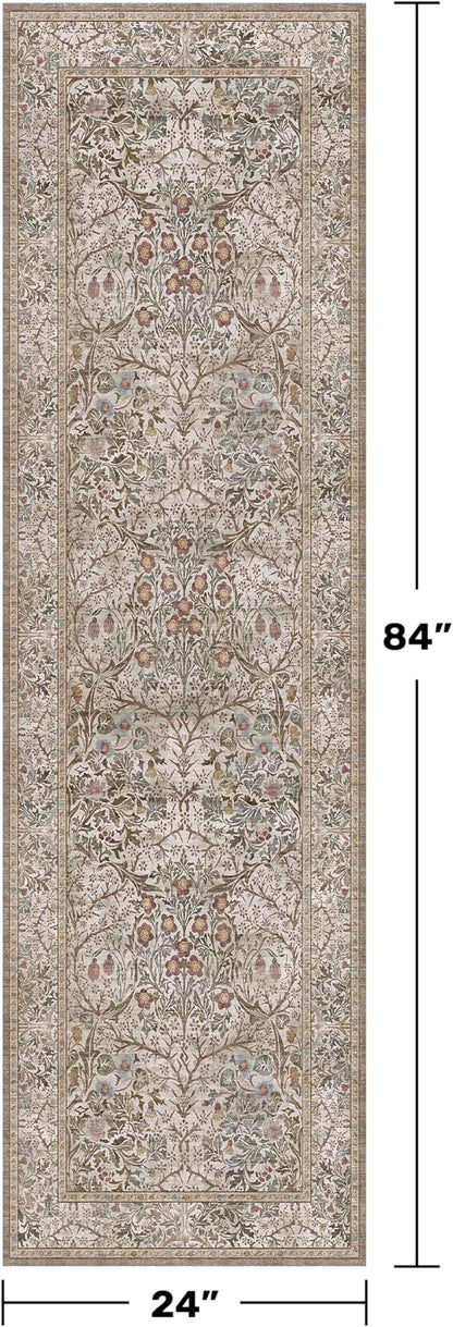Hazo Haus Non Slip 2x7 Moss Green Hallway Runner - Long Runner Rugs for Bathroom, Washable Kitchen Floor Mat, Bedroom Bedside - Brown Earthy Vintage Floral Décor