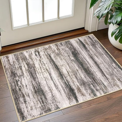 KOZYFLY Small Area Rug 2x3 Rug Entryway Rugs Modern Abstract, Washable Kitchen Rug Non-Slip Soft Rug, Black Brown Striped Entryway Rugs Abstract Print Faux Wool Doormat for Bedside Entrance