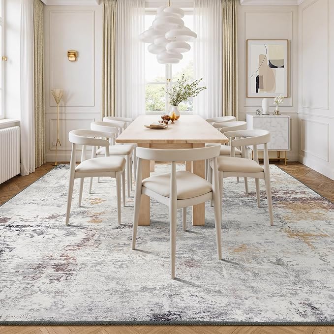 Rugflix 10x14 Area Rugs for Living Room, Washable Large Rug Stain-Resistant Low Pile, Modern Neutral Carpet for Dining Room Home Office Kid Room Nursery Bedroom, Grey Brown