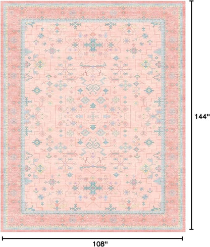 Washable Pink and Blue 9x12 Oushak Rugs for Living Room Rug Bedroom Girls, Modern Floral Aethestic Distressed Design, Soft Faux Wool Low Pile Non Slip Stain Resistance Carpet