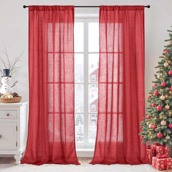 BGment Red Linen Curtains 84 Inch Length 2 Panels Set for Living Room, Window Drapes Lightweight Semi Sheer Textured for Farmhouse Bedroom with Rod Pocket, Each 42 Inch Wide