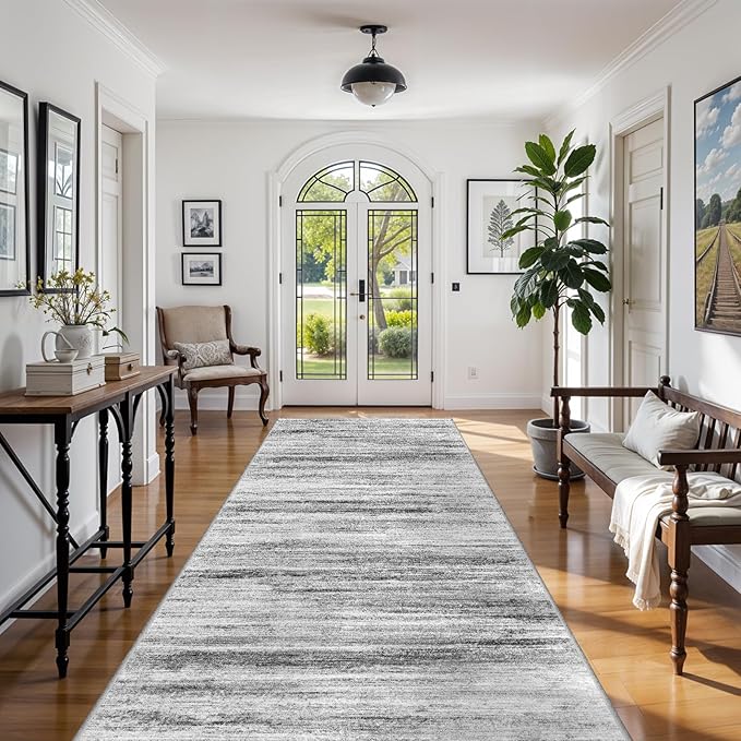 Large Runner Rugs for Hallway 4x16: Non-Slip Washable Wide Carpet - Soft Low-Pile Stain and Spill Resistant Rug for Entryway Living Room Dining Room Balcony Garage Office Grey
