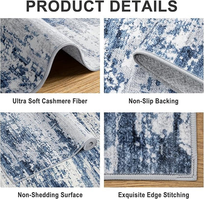 Area Rugs 9x12 Living Room - Washable Rug Modern Abstract Soft Large Neutral Non-Slip Carpet Indoor Floor Thin Carpets for Bedroom Dining Room Farmhouse Nursery Home Office Blue Gray